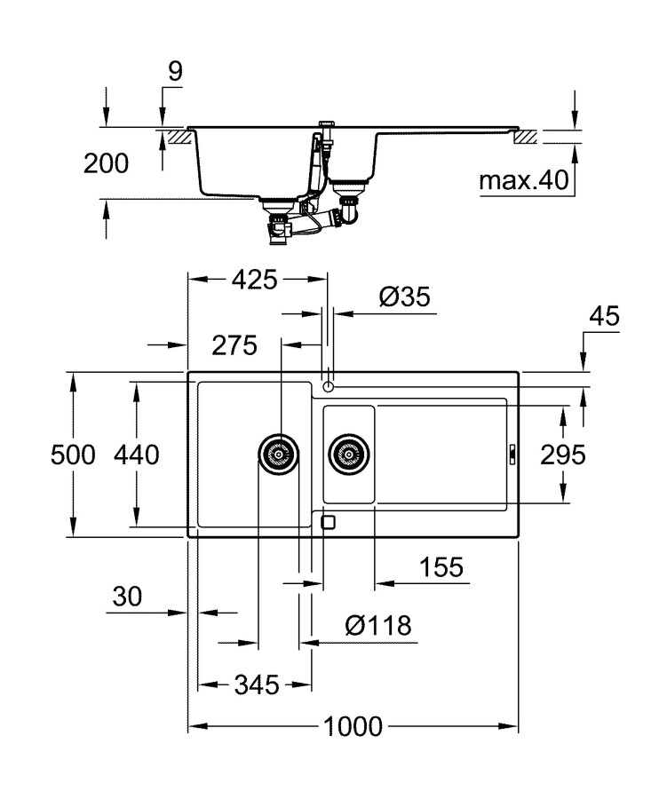 Grohe K500 100*50 31646AP0 мойка кухонная черный гранит