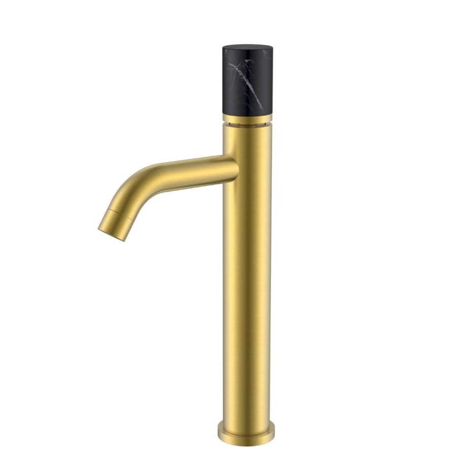 Смеситель для раковины высокий Boheme Stick Золото матовый ручка Черный Мрамор 122-MG-MR-B
