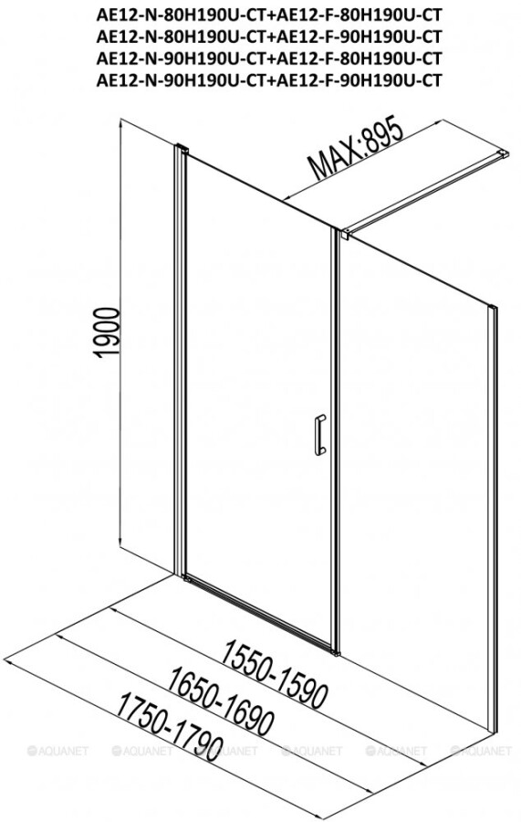 Aquanet Cinetic AE12-N-80H190U-CT + AE12-F-90H190U-CT душевые двери 170*190
