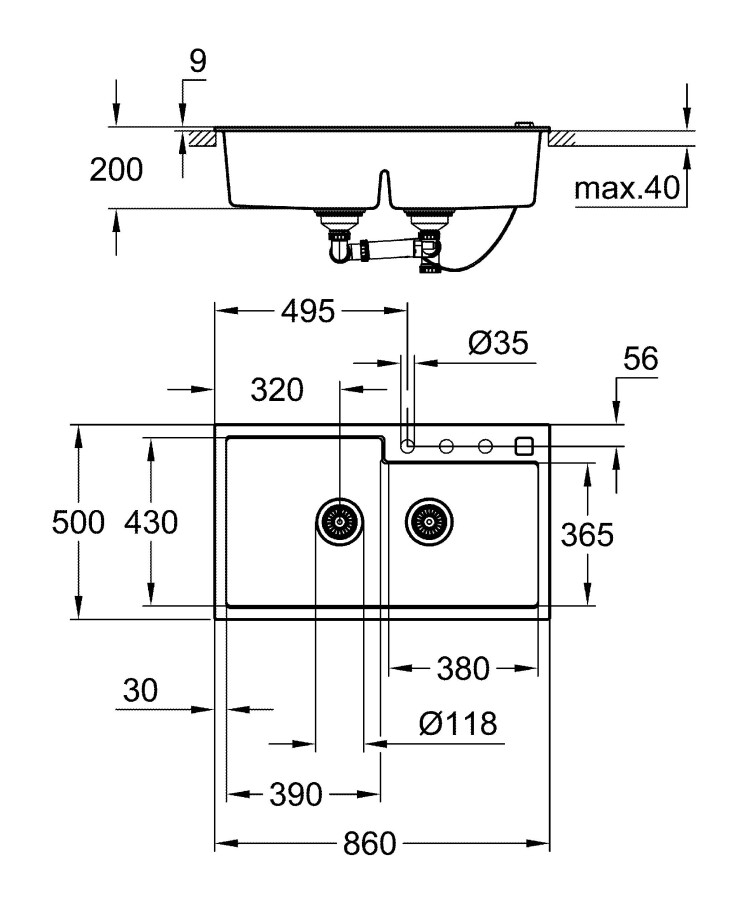 Grohe K500 86*50 31649AP0 мойка кухонная черный гранит